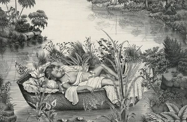 Moses. Print showing Moses as an infant floating in a basket on a river
