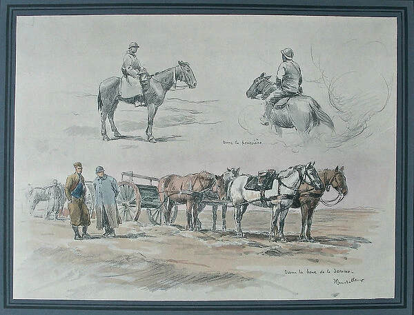 Mounted French horsemen and French wagon, Somme