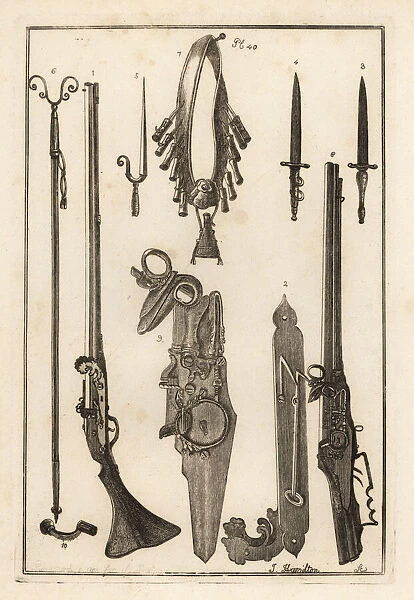 Musket parts including rest, bayonet, bandileer