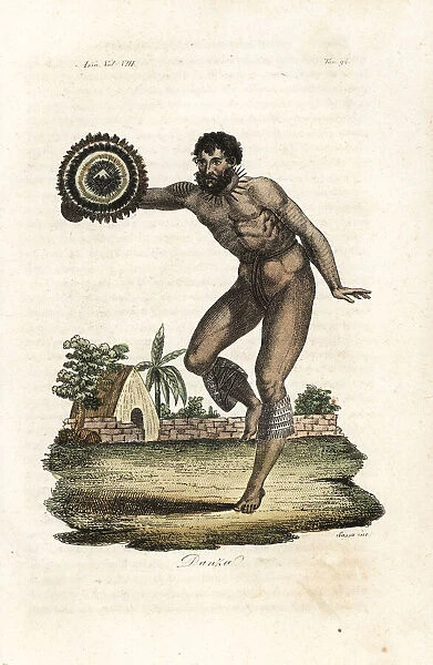Naked tattooed man of Hawaii dancing with shield, 1778