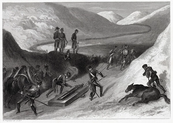 Napoleon crosses the St Bernard pass into Italy : his cannon are carried on sledges