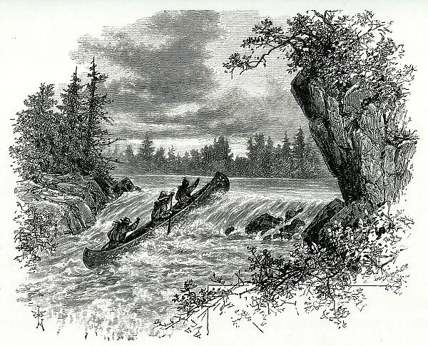 Native Americans paddling upstream in canoe
