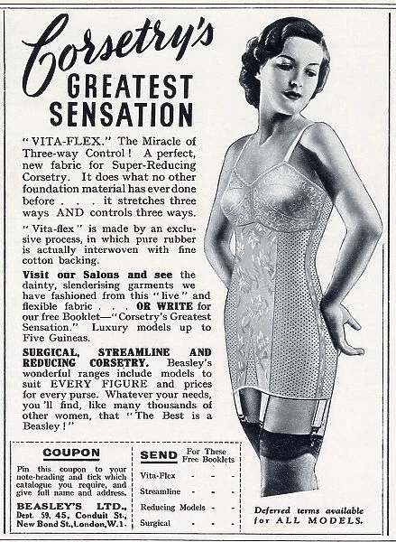 New fabric that stretches three ways Vita-Flex was made of an exclusive process in which pure rubber was interwoven with fine cotton backing. Date: 1939