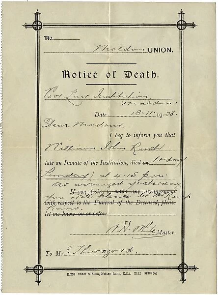 Notice of Death from Union Workhouse, Maldon, Essex