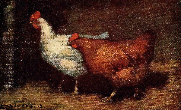 Fowls. An oil painting showing a simple pair of chickens