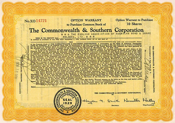 Option warrant, Commonwealth & Southern Corporation