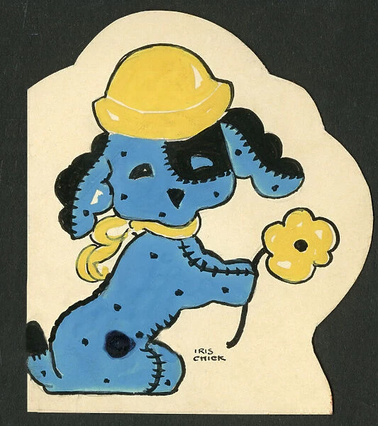 Original Artwork - little patched-up blue fabric dog