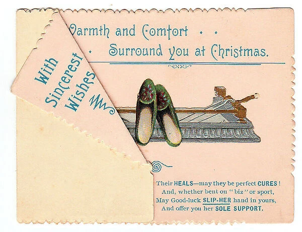 Pair of slippers with comic verse on a Christmas card