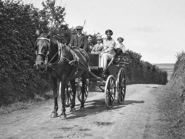 People on a horse-drawn cart on a country lane