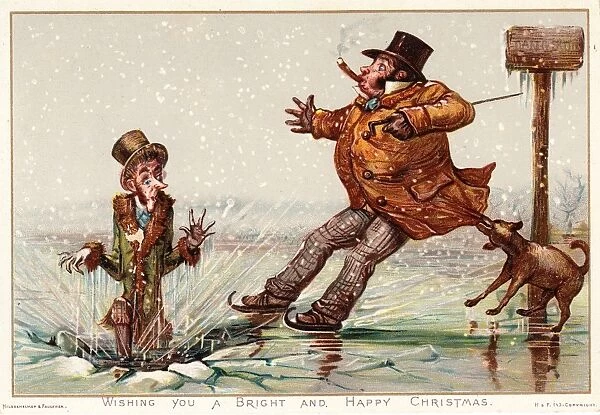 People on the ice on a comic Christmas card