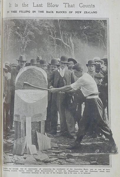 Photograph of New Zealand woodcutter with axe and spectators looking on. Outdoor reportage photograph. Captioned, It is the Last Blow That Counts: in tree felling in the back blocks of New Zealand