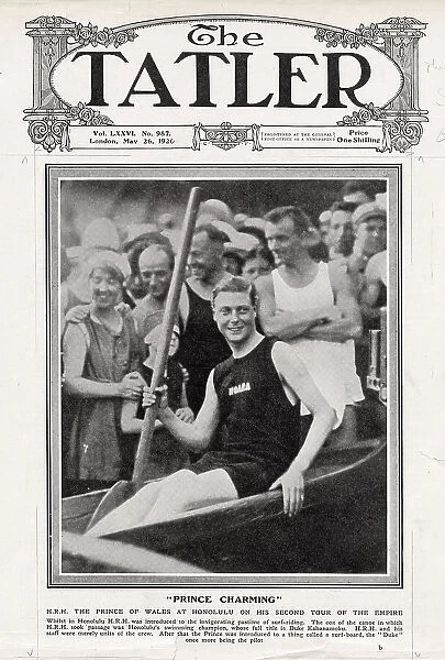 A photograph of the Prince of Wales at Honolulu, Hawaii, on his second tour of the empire. The Prince is sat in a Hawaiian canoe whilst being taught surf-riding by Duke Kahanamoku. Date: 26th May 1920