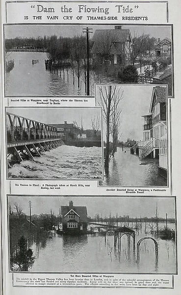 Photographs of the River Thames flooding, at Twyford, Marsh Mills, and Wargrave. Captioned, Dam the Flowing Tide: Is the vain cry of Thames-side residents