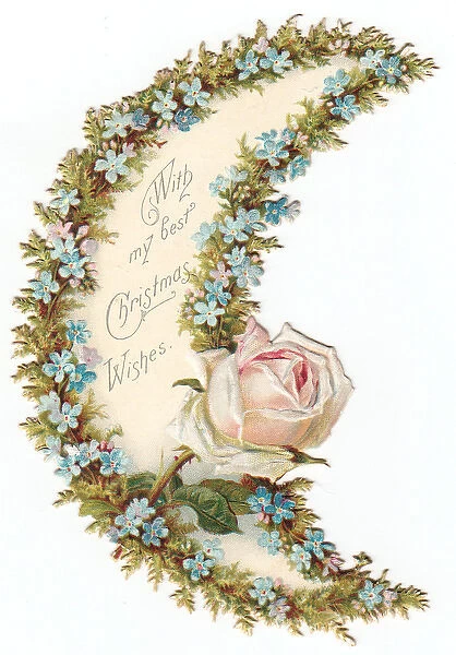 Pink and blue flowers on a crescent-shaped Christmas card