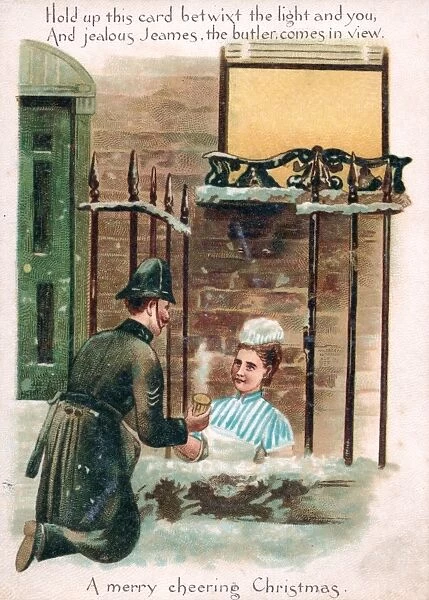 Policeman and housemaid on a comic Christmas card