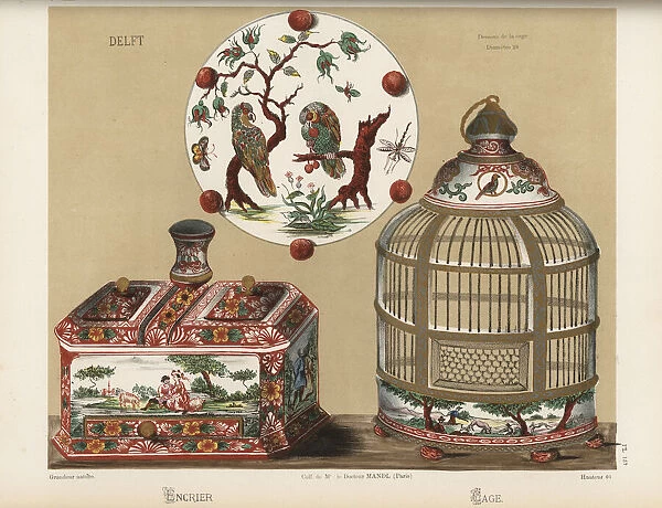 Porcelain inkstand and birdcage from Delft