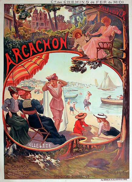 Poster, Arcachon, France, a town for winter and summer, Chemins de Fer du Midi - casinos, beach, forest, hunting, fishing, regattas, races, pigeon shooting, golf. Date: circa 1895
