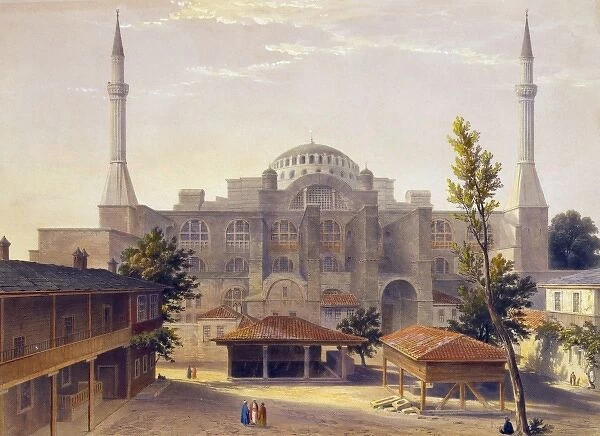 Print shows madrasah courtyard and exterior of Ayasofya Mosq