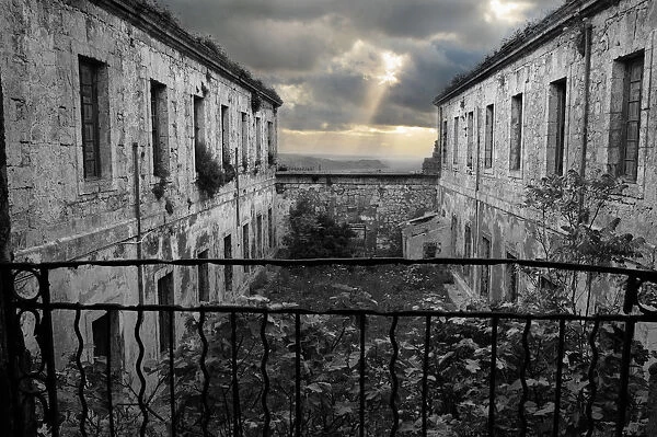 Prison yard of the derelict military prison at La Mola