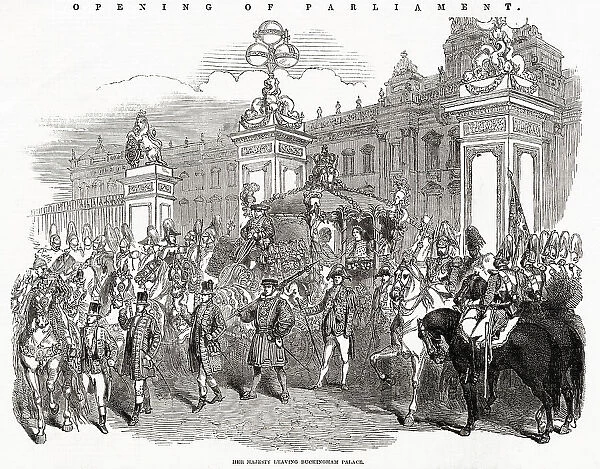 Procession of guards, footmen and carriage carrying Queen Victoria to the State Opening of Parliament, leaving Buckingham Palace. Date: 1851