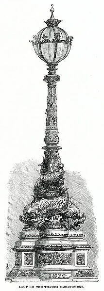 Proposed design published in The Illustrated London News for the cast-iron decorative street lamps that would align the River Thames on the Embankment, London. Date: 1870