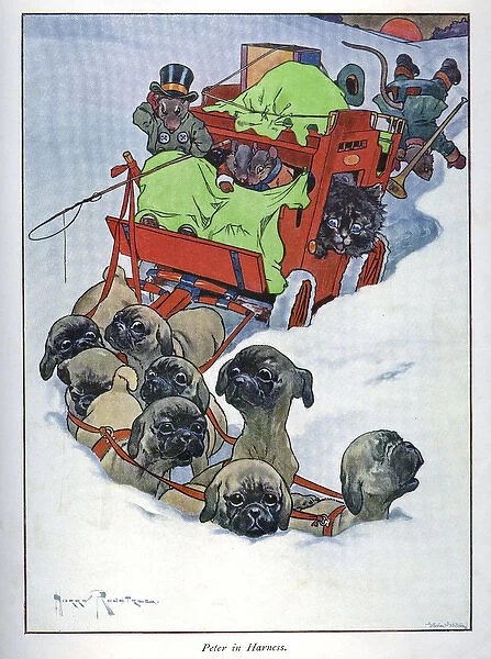 Pug Peter -- dogs pulling coach through snow