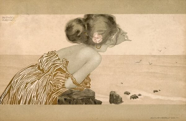 Raphael Kirchner - Art Nouveau Sea Girl with pink rose