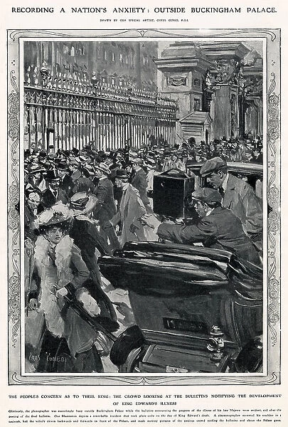 Recording the nation's anxiety outside Buckingham Palace in London. Waiting for a bulletin notifying of the development of King Edward illness. Date: May 1910