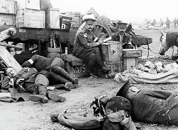 Red Cross Ambulance men resting during WW1