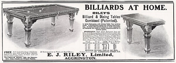 Riley's Billiard Tables, available in different sizes for private homes in mahogany wood. Date: 1904