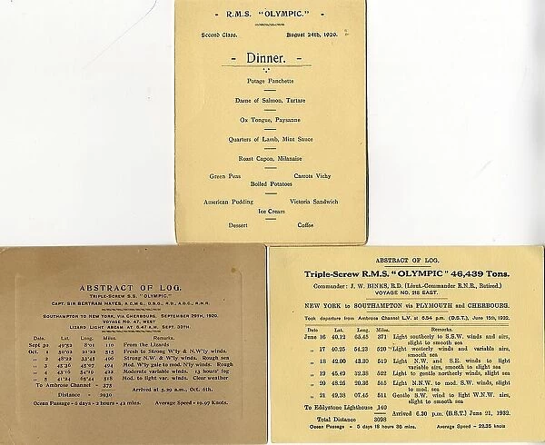 RMS Olympic - dinner menu, abstract of log cards