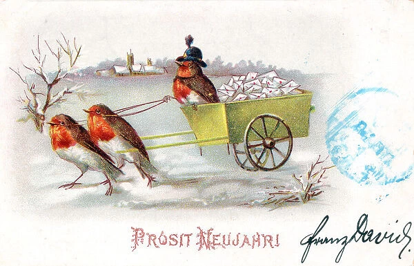 Robins with a cart on a German New Year postcard