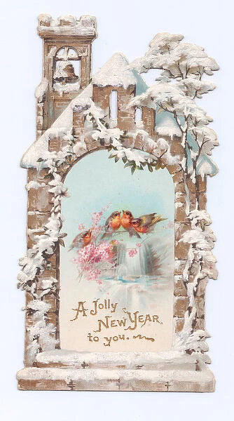 Robins with flowers and church on a New Year card