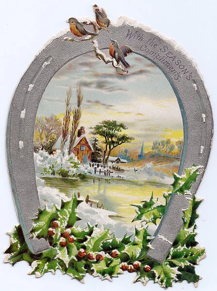 Robins and horseshoe on a Christmas card