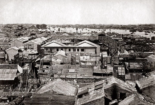 Rooftop view, probably Canton (Guangzhou) China, circa 1880s. Date: circa 1880s