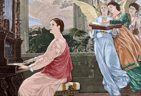 Saint Cecilia (d. 232). The Evening. Engraving. Colored