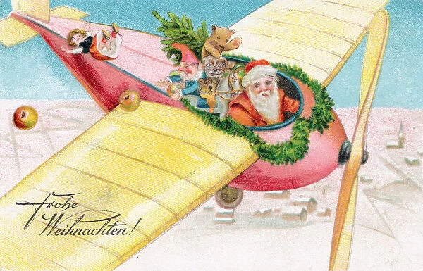 Santa Claus in a plane on a German Christmas postcard