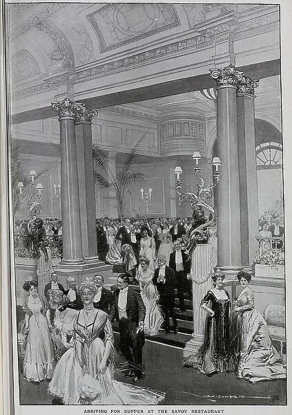 Savoy Hotel, illustration by Max Cowper, captioned Arriving for supper at the Savoy Restaurant'. From an article The Savoy Extension: A World Record by George R Sims