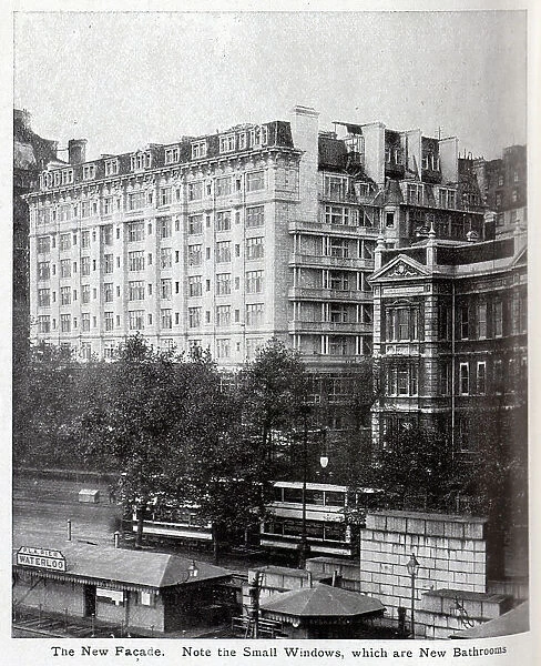Savoy Hotel new facade, captioned The New Facade. Note the Small Windows, which are New Bathrooms'. From an article The Savoy Extension: A World Record by George R Sims