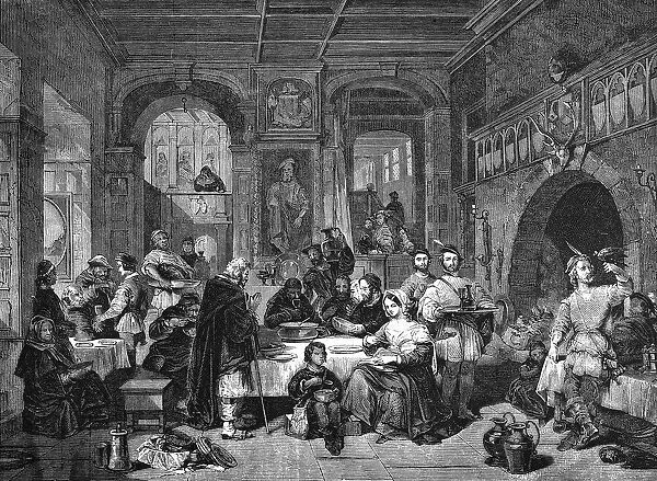 A scene in Baronial hall showing Old English Hospitality Date