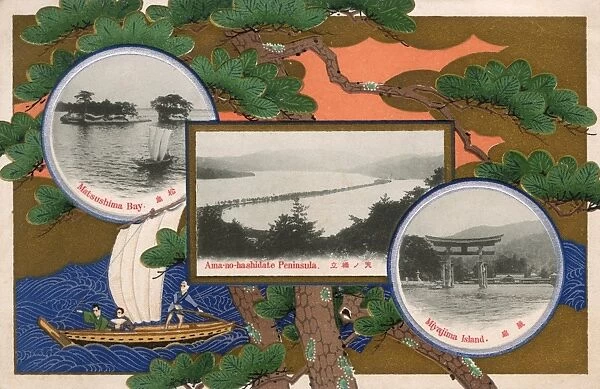 Three scenes of Japan inset on a Japanese river scene