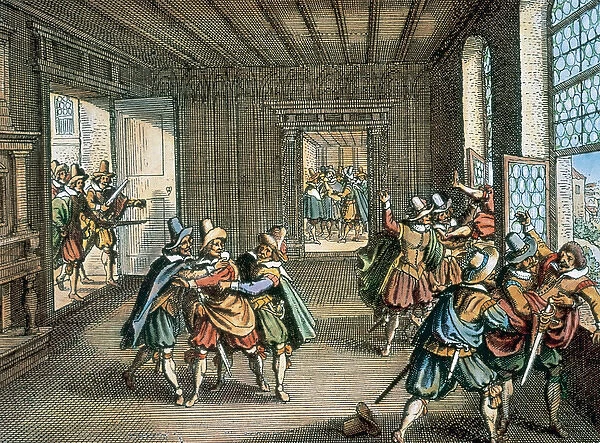 Second Defenestration of Prague, 1618. Engraving coloration