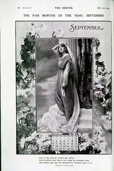 September calendar page, woman in classical costume