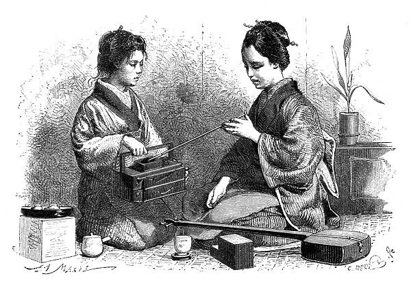 A shamisen player, lighting her pipe