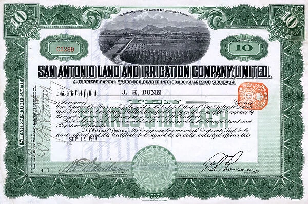 Share certificate, San Antonio Land and Irrigation Company