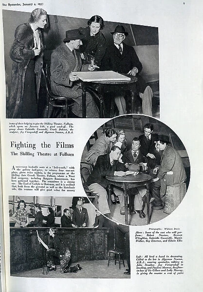 Shilling Theatre, Fulham, photographs of founders, volunteers and performers rehearsing. Captioned, Fighting the films: The Shilling Theatre at Fulham