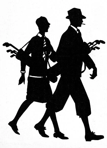 Silhouette of a couple with golfing gear