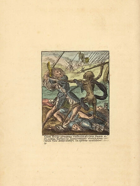 Skeleton of Death about to spear a Swiss soldier