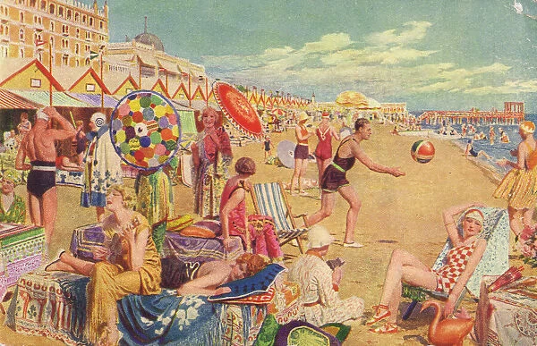 A sketch of the beach and bathers at the Lido, Venice, 1920s