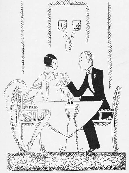 Sketch by Fish of couple having dinner and champagne